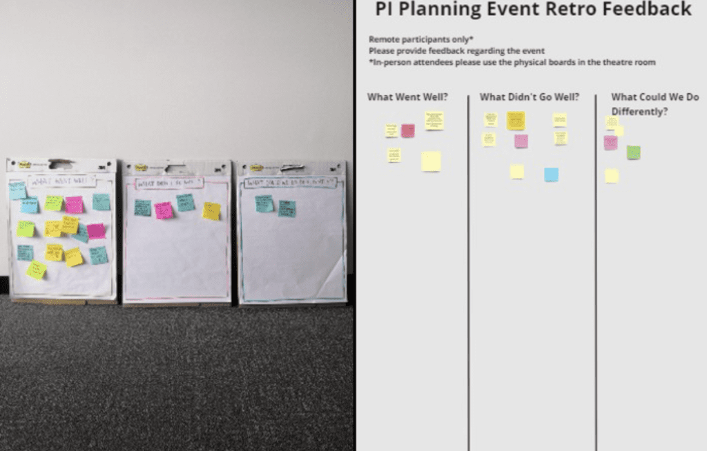 screenshots of both physical (with charts and stickies) and digital PI Planning retro feedback; what went well? what didn't go well? what could we do differently?