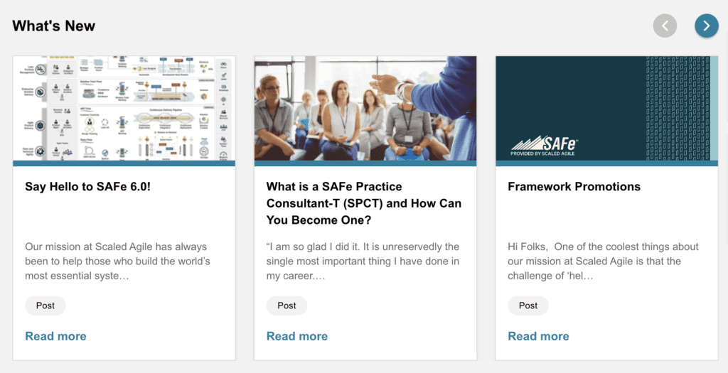 Screenshot of What's New section on the SAFe Studio homepage