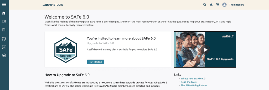 Screenshot of SAFe 6.0 upgrade homepage in SAFe® Studio