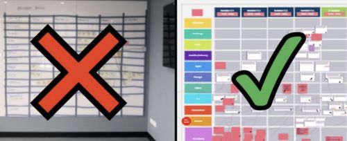 A side-by-side comparison of a physical program board and digital program board