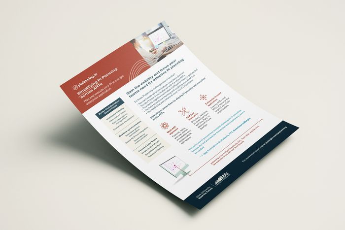 A mockup flyer for the "PI Planning.io Application" featuring a rust-colored header and details about gaining the visibility and focus needed for effective PI planning. The document is shown at an angle, giving a 3D effect.