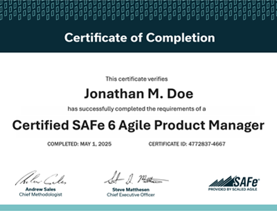Agile Product Management Certificate of Completion example