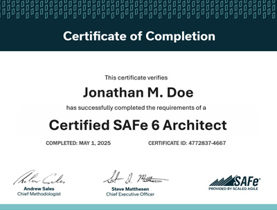 SAFe Architect Certification of Completion example