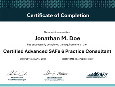 Advanced SAFe Practice Consultant Certificate of Completion example