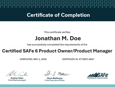 Product Owner/Product Manager Certificate of Completion example