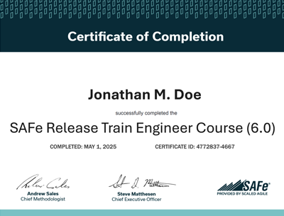 SAFe Release Train Engineer Certificate of Completion example