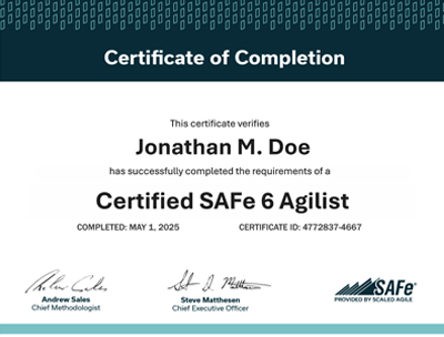 SAFe Agilist Certificate of Completion example