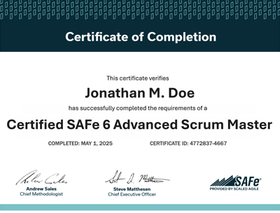 Certificate of completion for the SAFe Advanced Scrum Master exam.