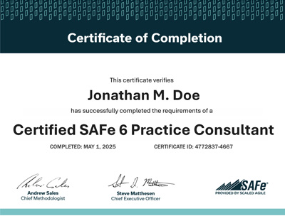 SAFe Practice Consultant Certificate of Completion example