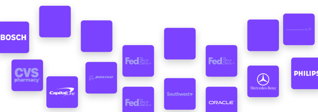 Customer logo wall (CVS, Capital One, FedEx, Southwest, Oracle, Mercedes-Benz, Philips, Bosch and others), screened back over purple